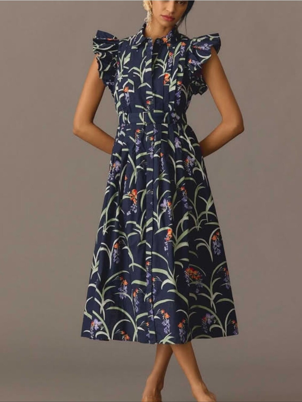 Maeve Navy Floral Midi Dress with Green and Orange Accents